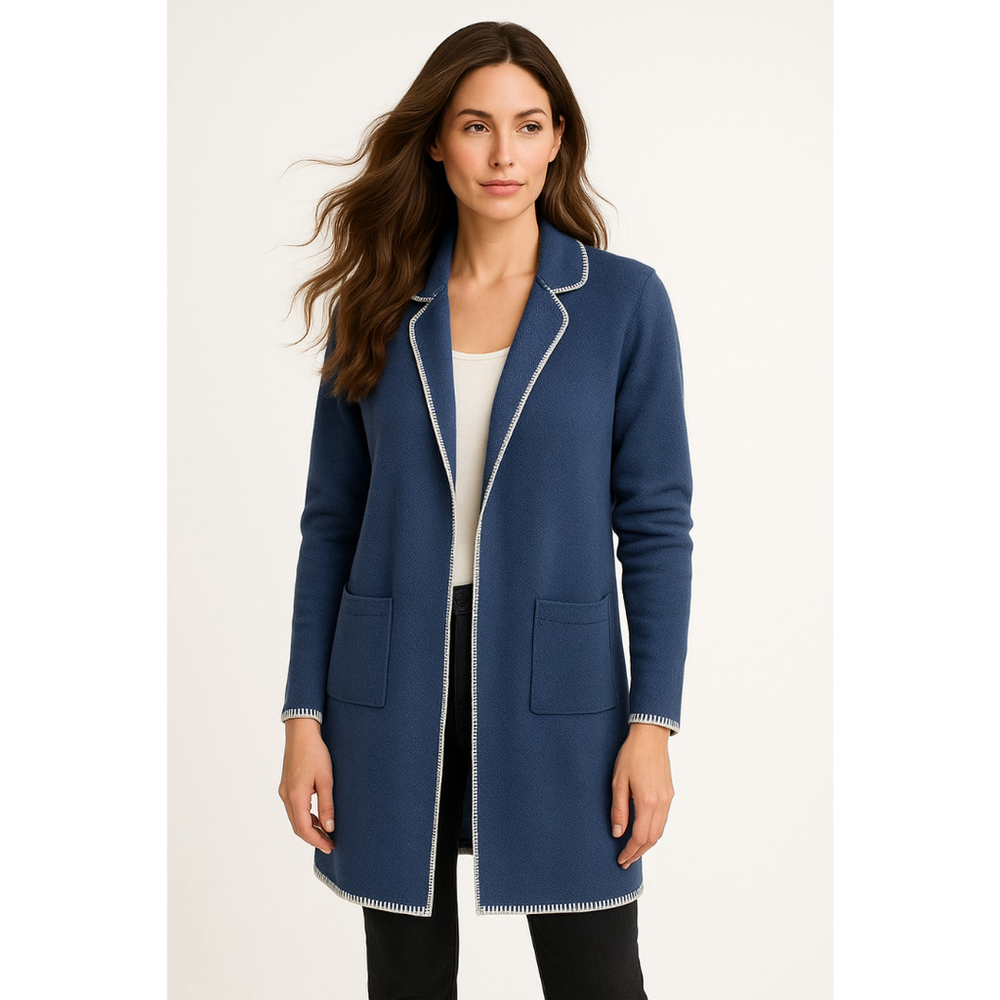 Women's Navy Open-Front Longline Sweater with Contrast Trim